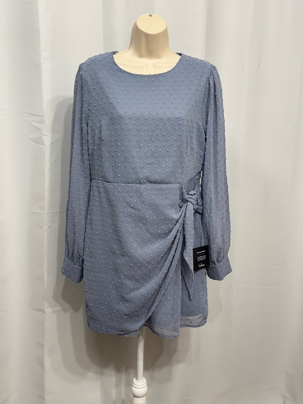 Lulus Women’s Blue Swiss Dot Long Sleeve Tie Front Round Neck Mini Dress L